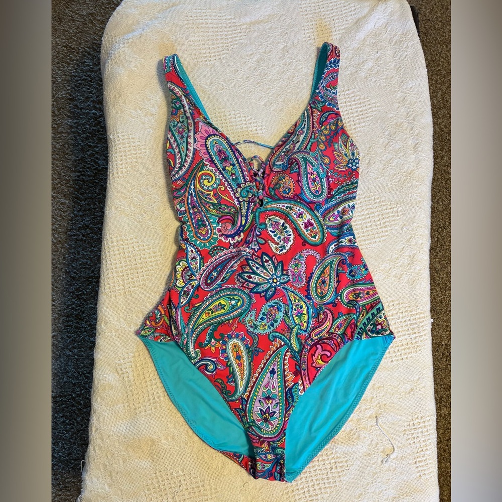 Women’s Paisley One-Piece Swimsuit - Turquoise & Pink